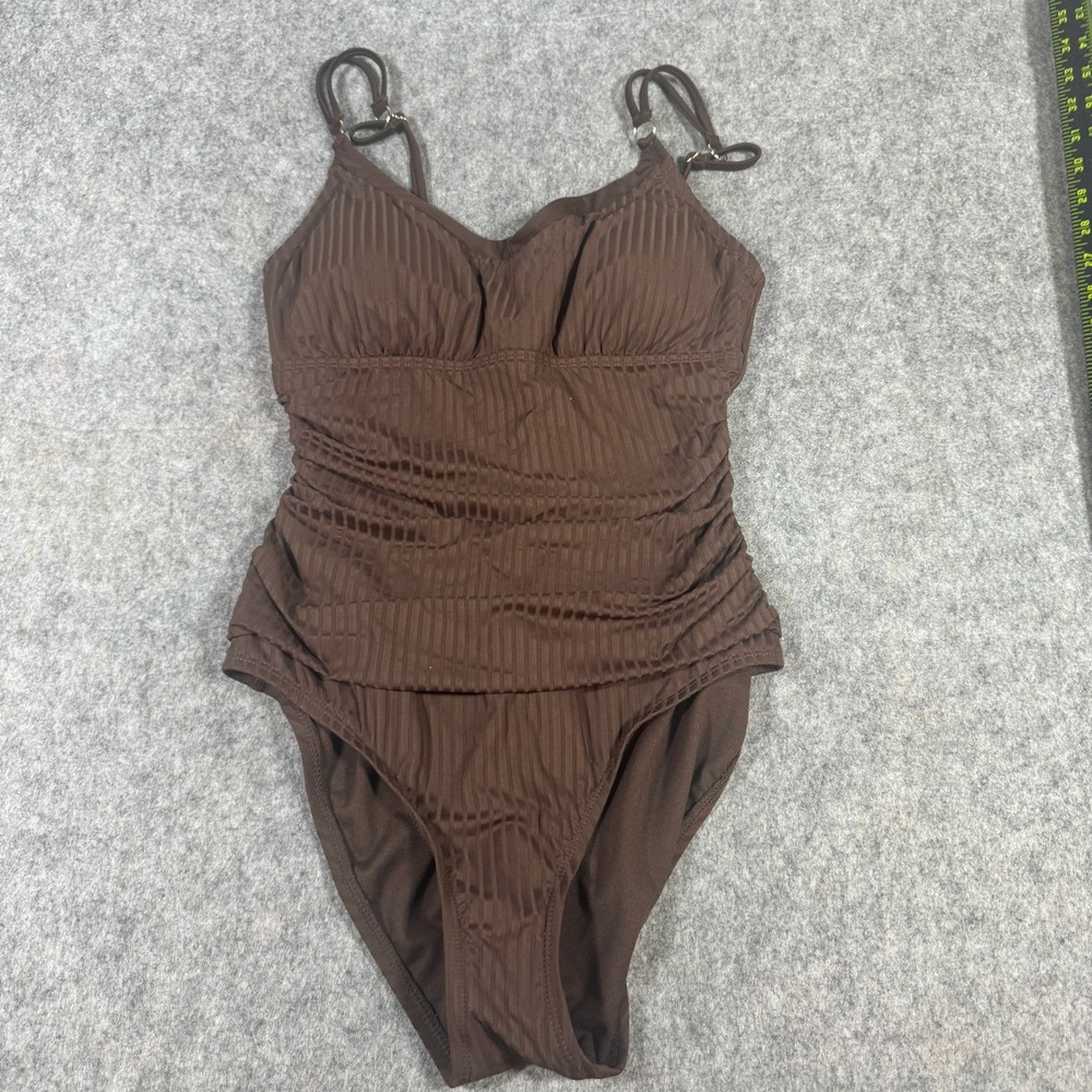 Ellen Tracy Brown Ribbed Ruched One Piece Swimsuit Womens Large 1957648